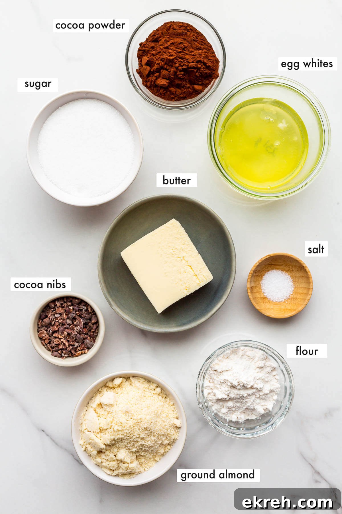 Ingredients to make chocolate financiers measured out and ready to be mixed.
