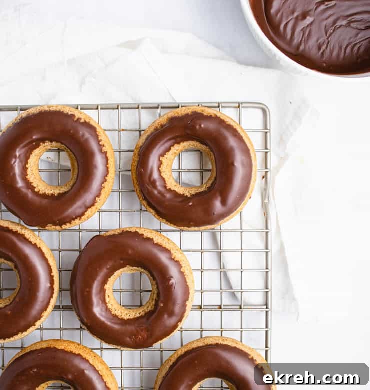 S'mores Donuts Recipe: Chocolate, Marshmallow and Graham 4 chocolate glazed doughnuts on a cooling rack
