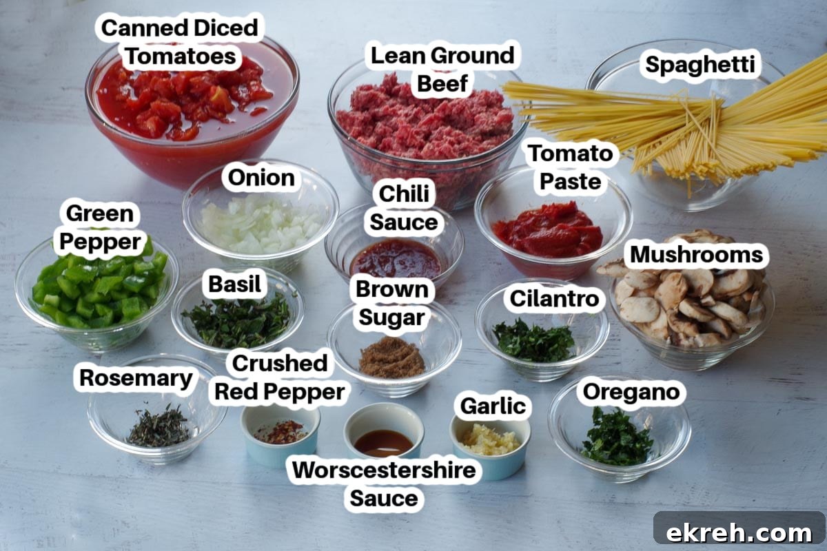 ingredients for secret ingredient spaghetti sauce in glass bowls, labelled