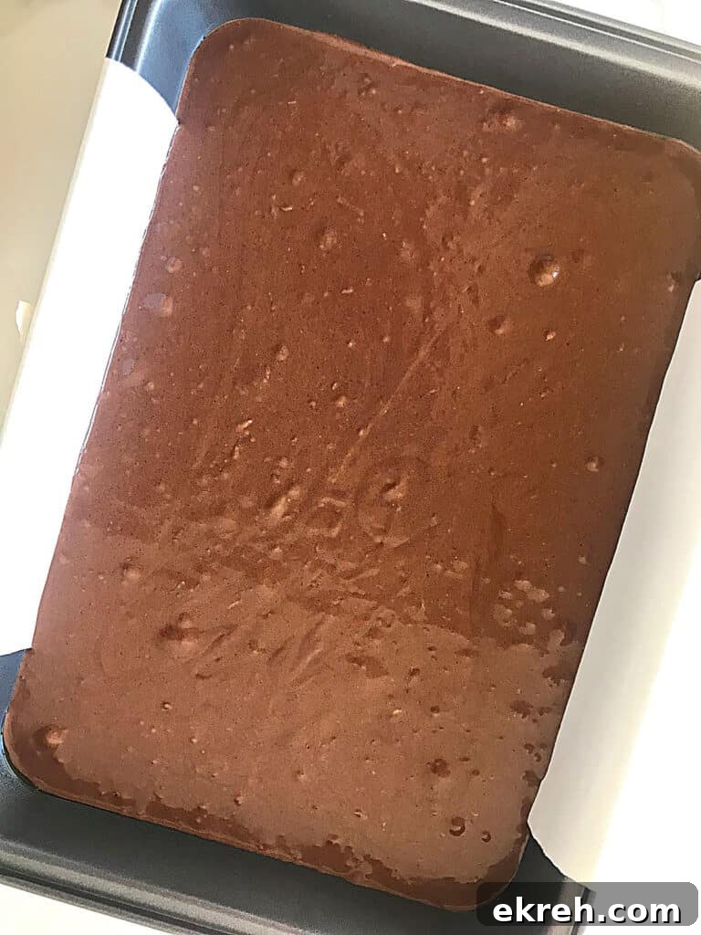 Rectangular pan with chocolate cake batter.
