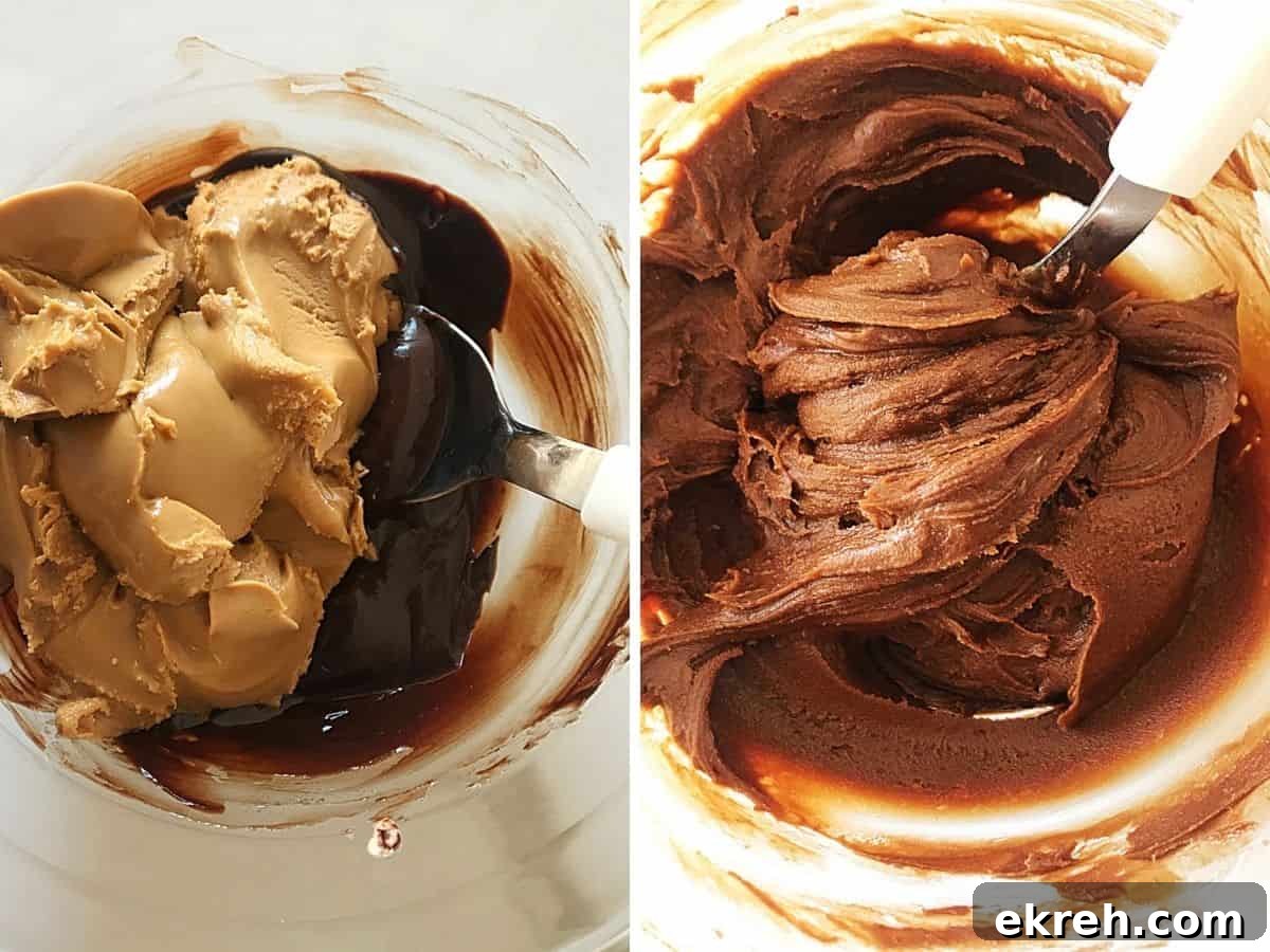 Two images with glass bowl containing chocolate and peanut butter before and after mixing it