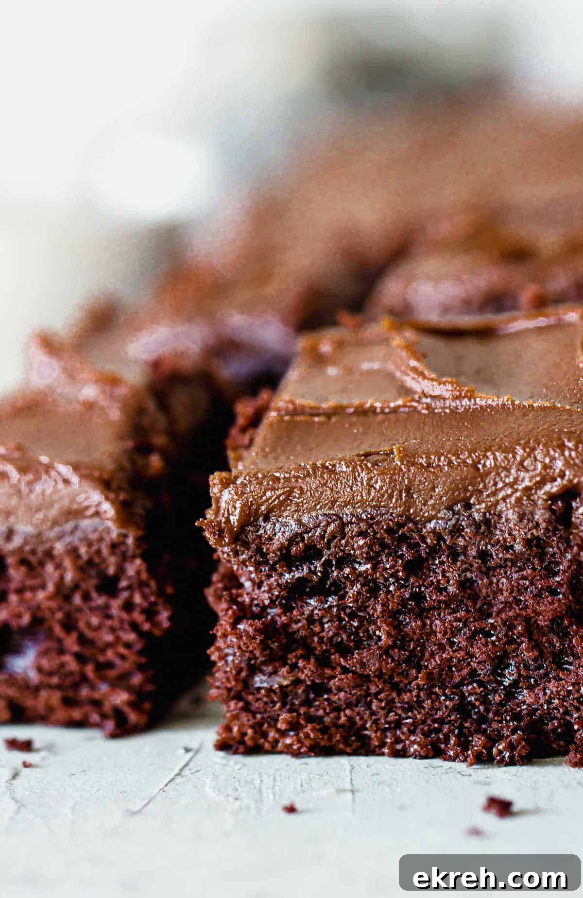 Close up of frosted chocolate cake squares on greyish blue surface