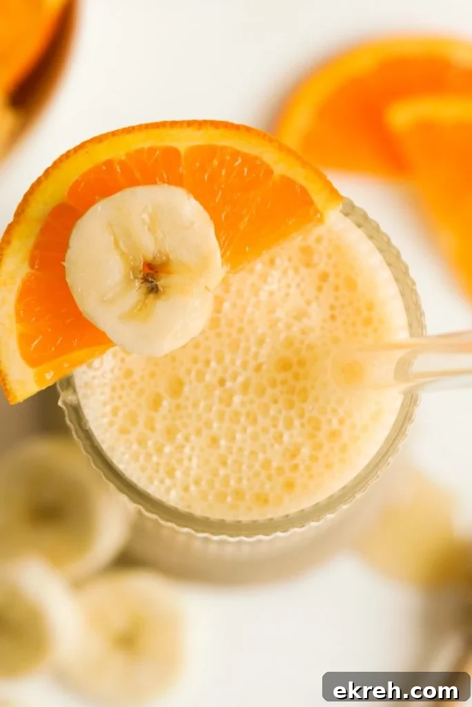 overhead shot of an orange banana smoothie