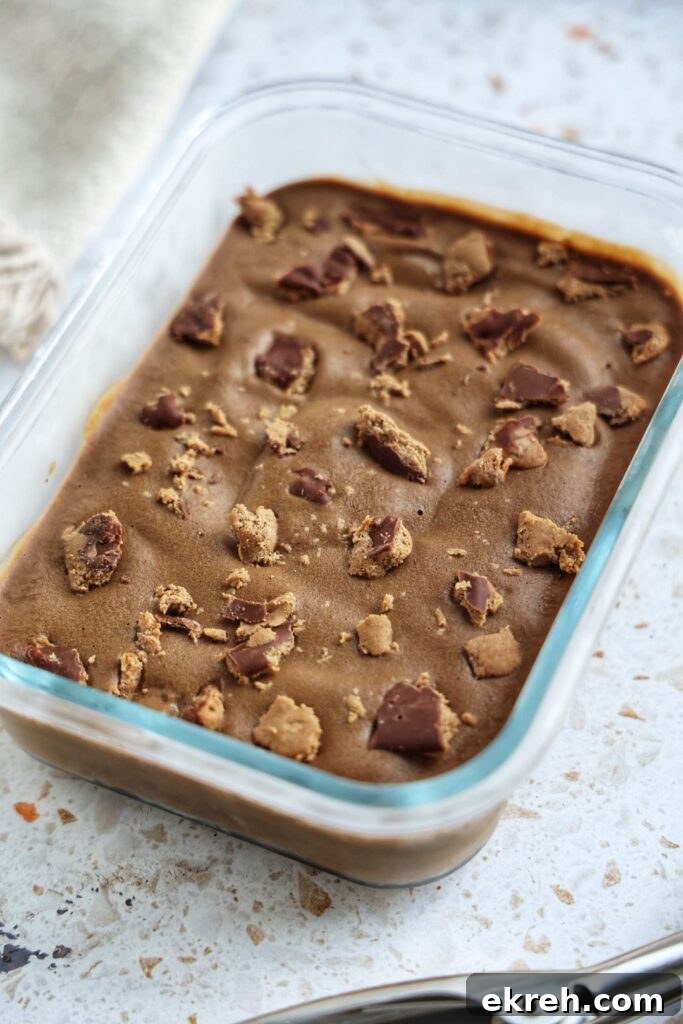 A container of peanut butter cup nice cream without banana.