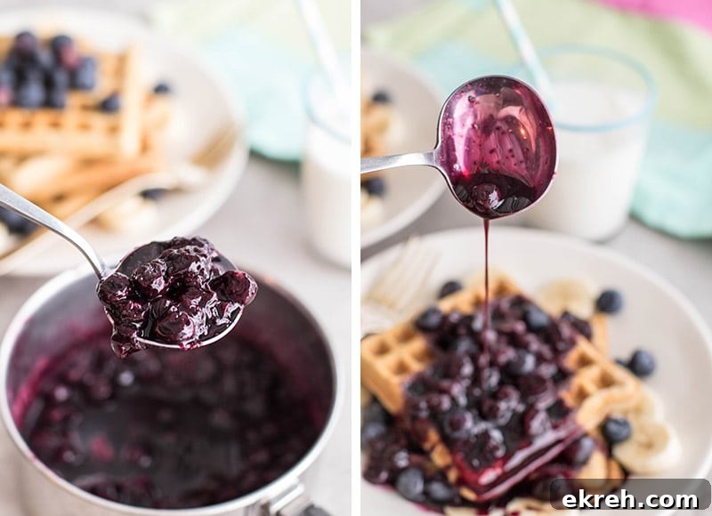 Two photos showing a pan of blueberry syrup, and a spoon drizzling syrup on a stack of waffles.