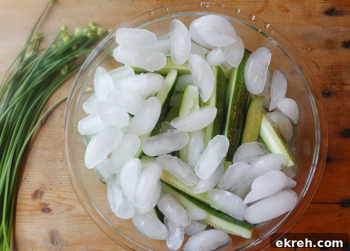 Place cut cucumber spears in an ice bath in the refrigerator - guaranteed crunch!