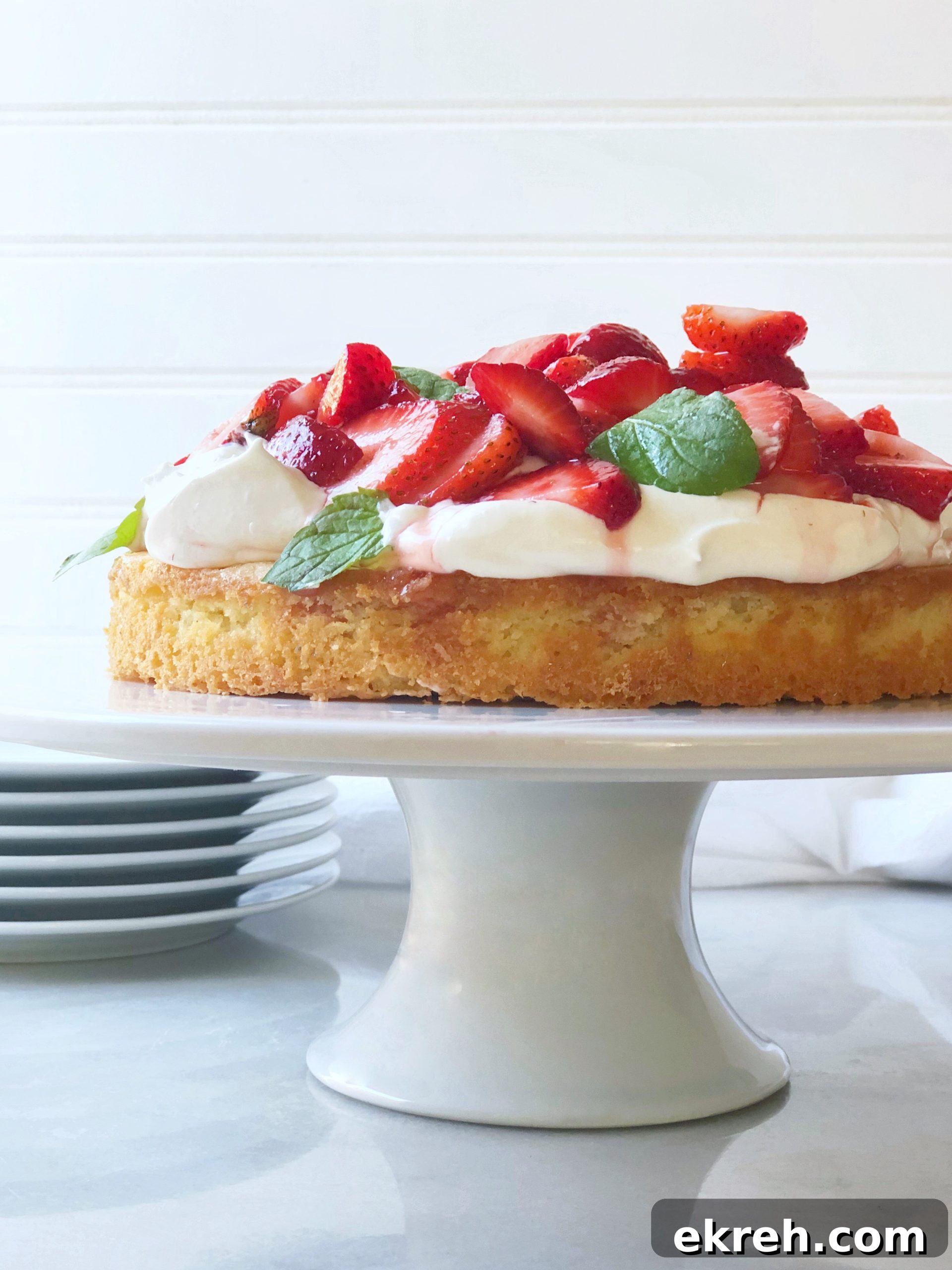 Strawberry shortbread cake with fresh strawberries and whipped cream
