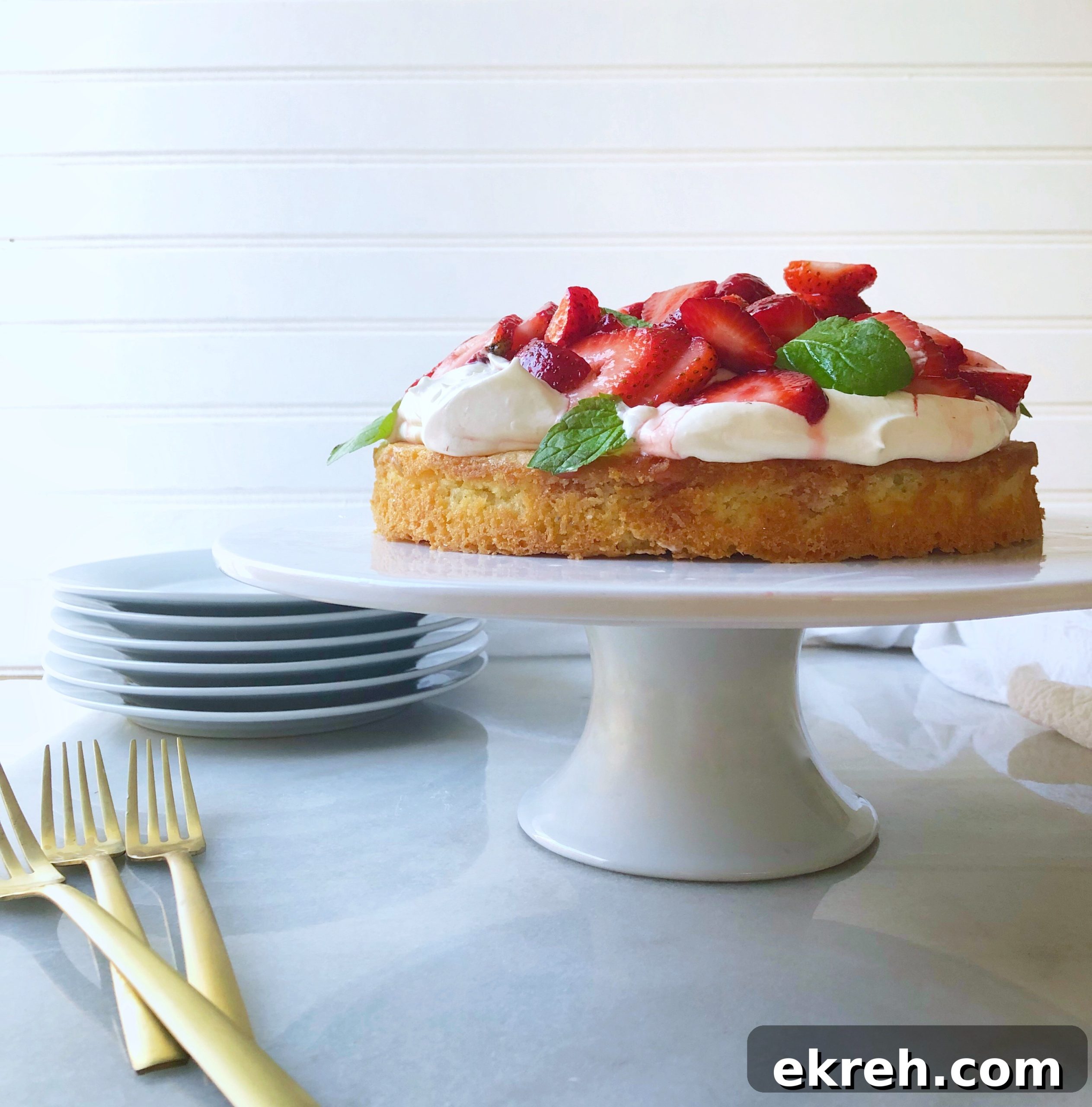 Strawberry shortbread cake with fresh strawberries and whipped cream