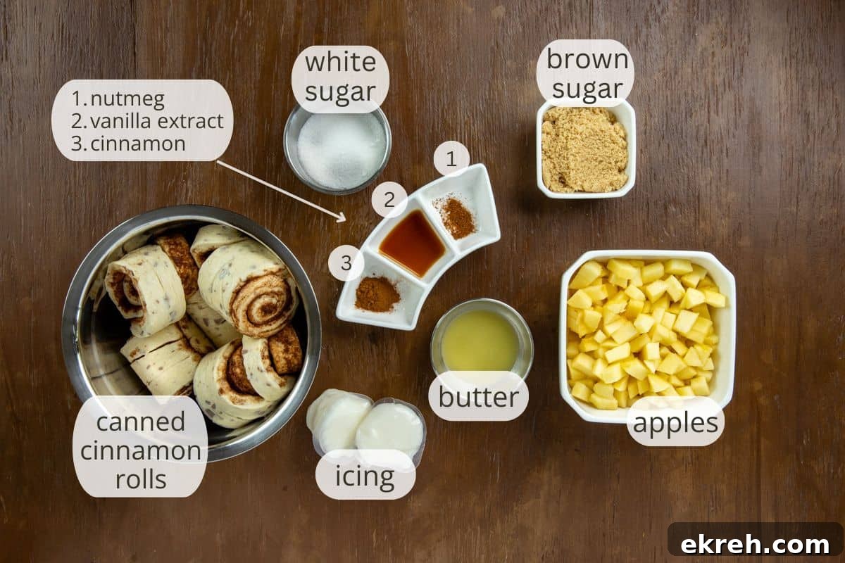 Apple Pie Filled Cinnamon Rolls with Caramel Glaze 3 Each ingredient in a different container.