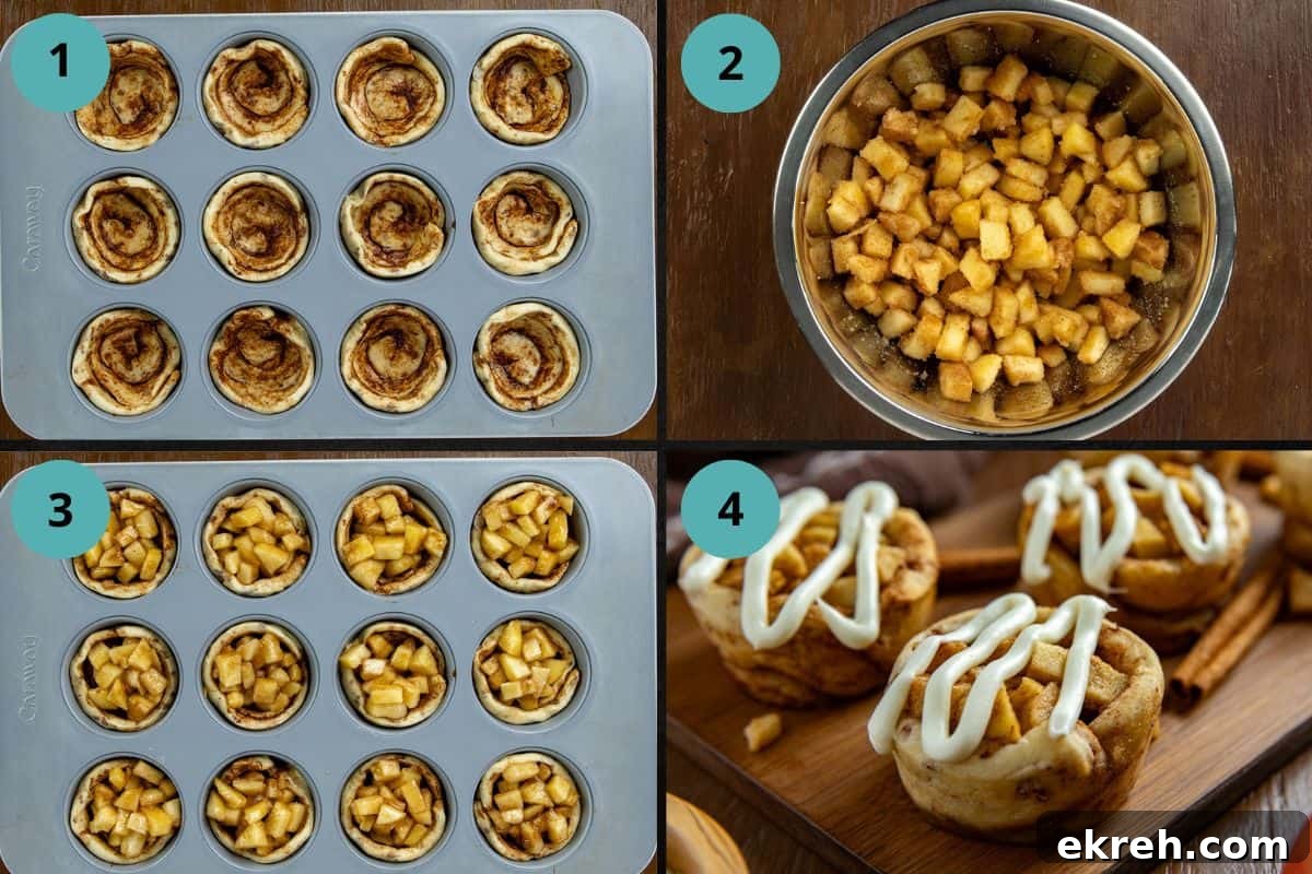 Apple Pie Filled Cinnamon Rolls with Caramel Glaze 4 Flattened cinnamon roll in muffin pan