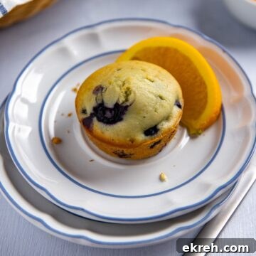Baked muffin on white plate with a slice of fresh orange on the side.