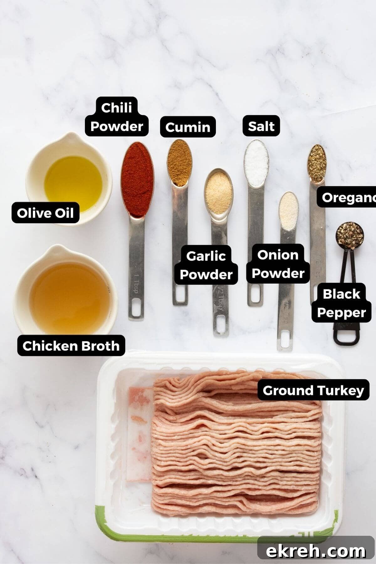 All ingredients labeled in ground turkey seasoning including chili powder, cumin, salt, onion powder, garlic powder, oregano, and pepper.