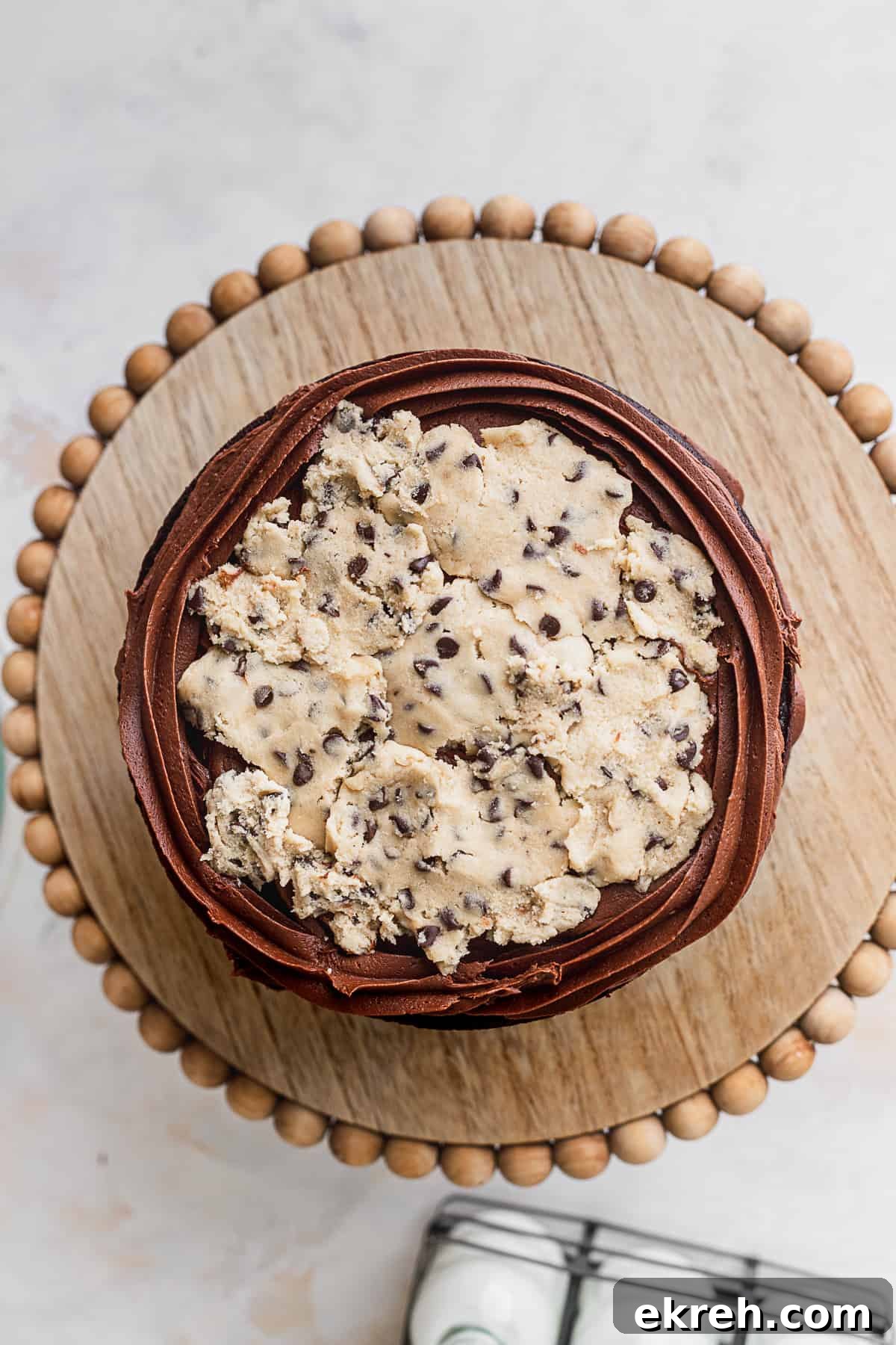 Cookie dough on top of cake.