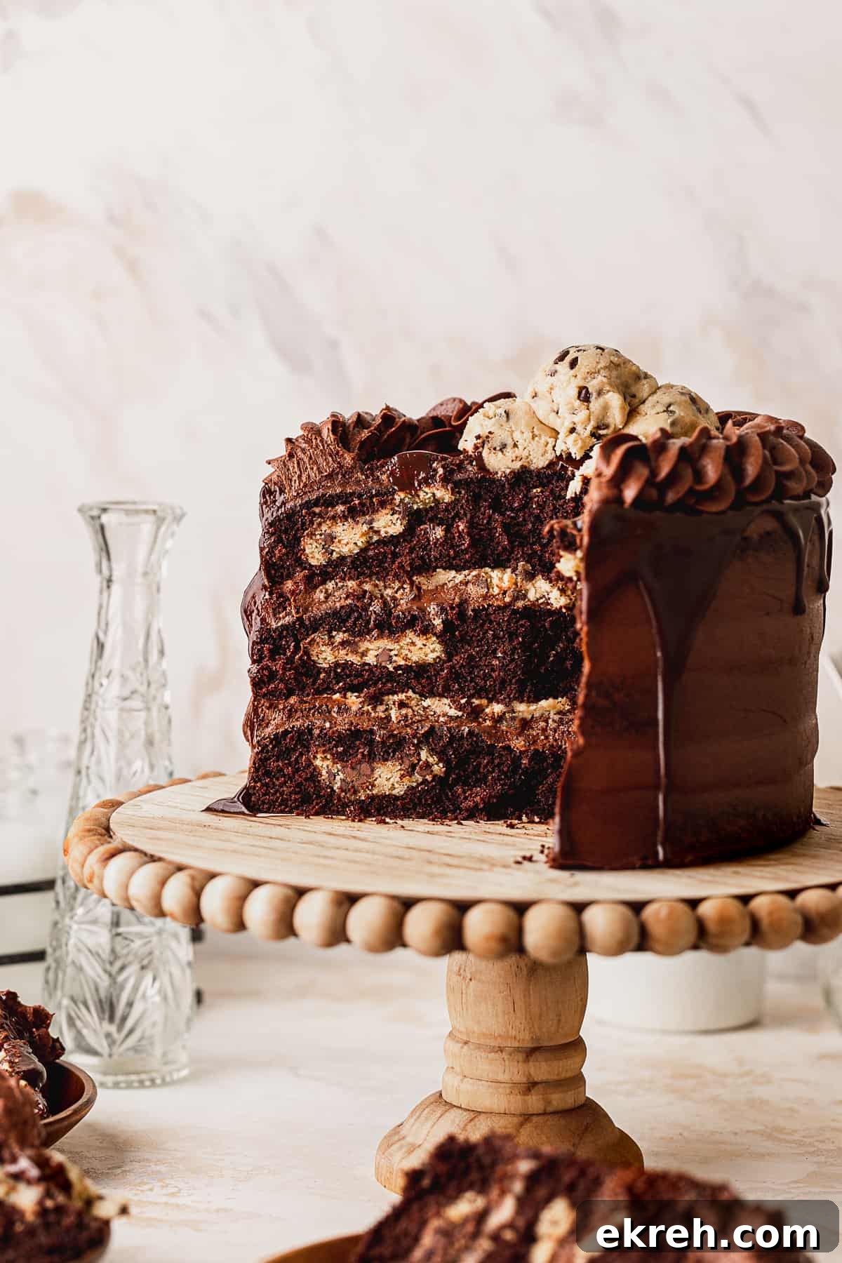 Opened up cake on a cake stand.