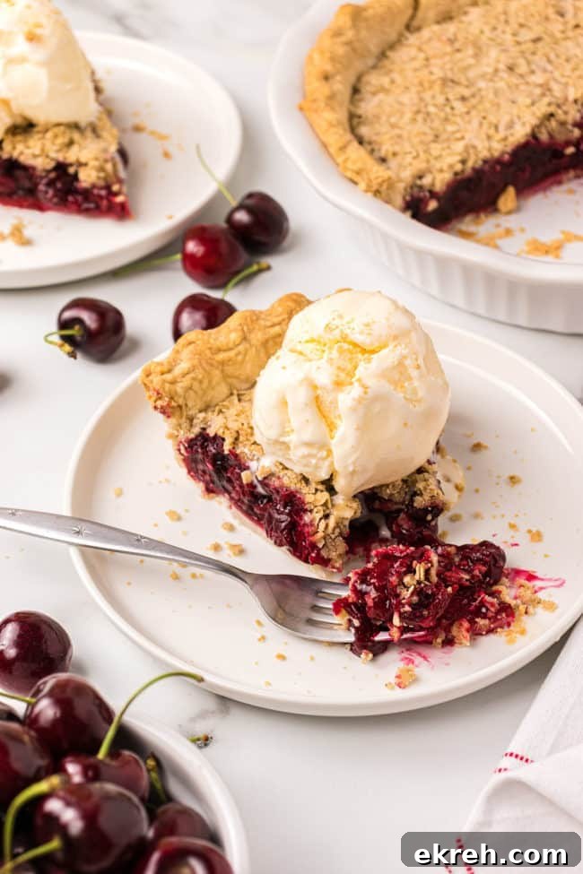 Cherry Crumb Pie with Frozen Tart Cherries 2 A bite of cherry pie on a fork