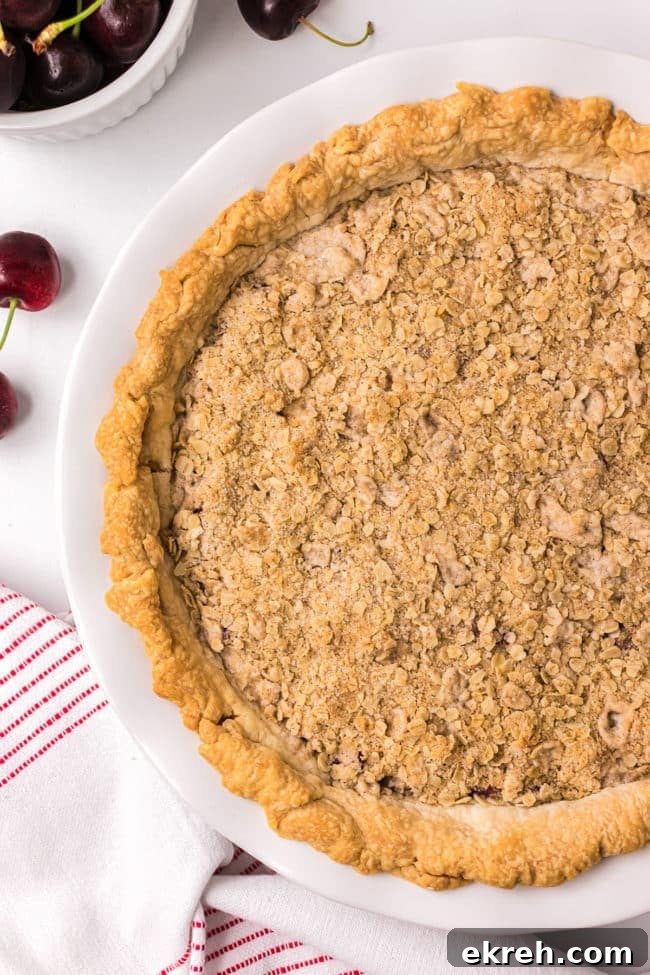 Cherry Crumb Pie with Frozen Tart Cherries 7 Uncut Cherry Crumb Pie in a white pie dish