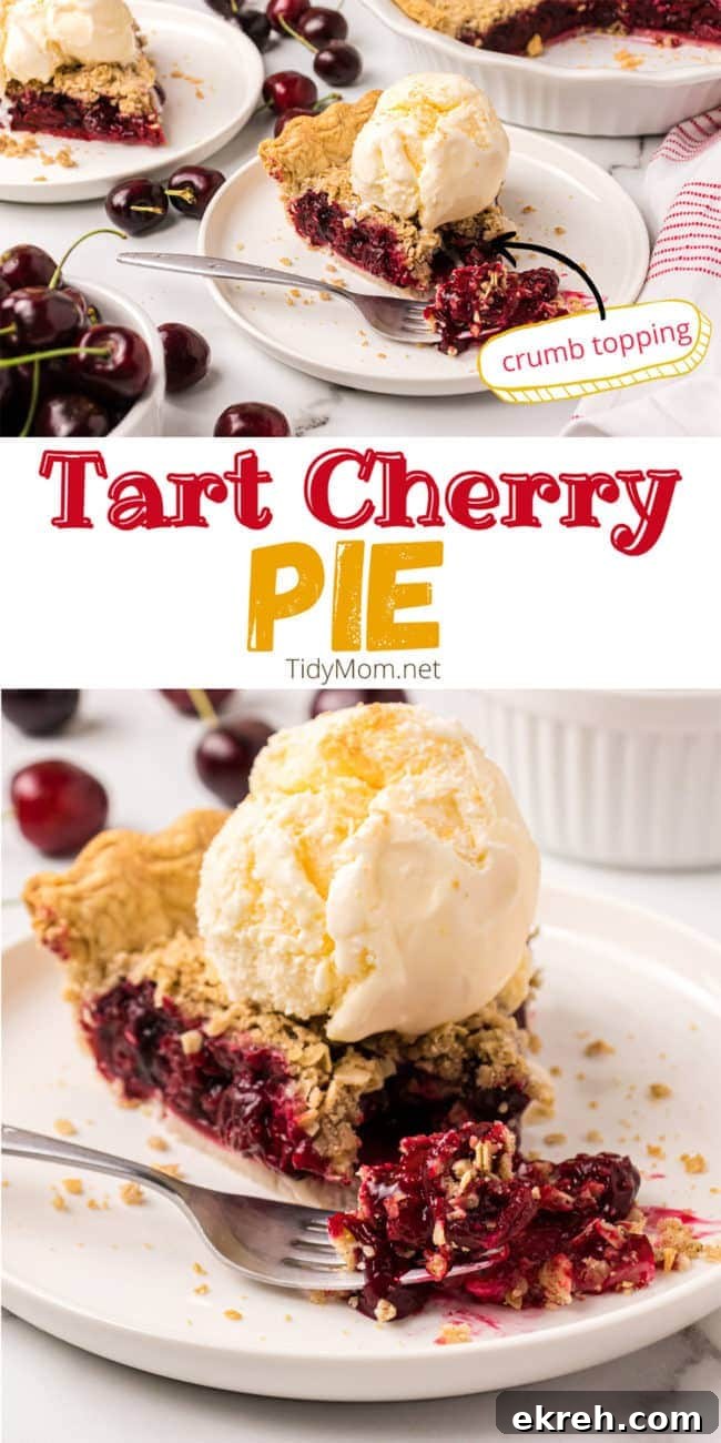 Cherry Crumb Pie with Frozen Tart Cherries 8 Cherry pie with ice cream and crumb topping on a white plate