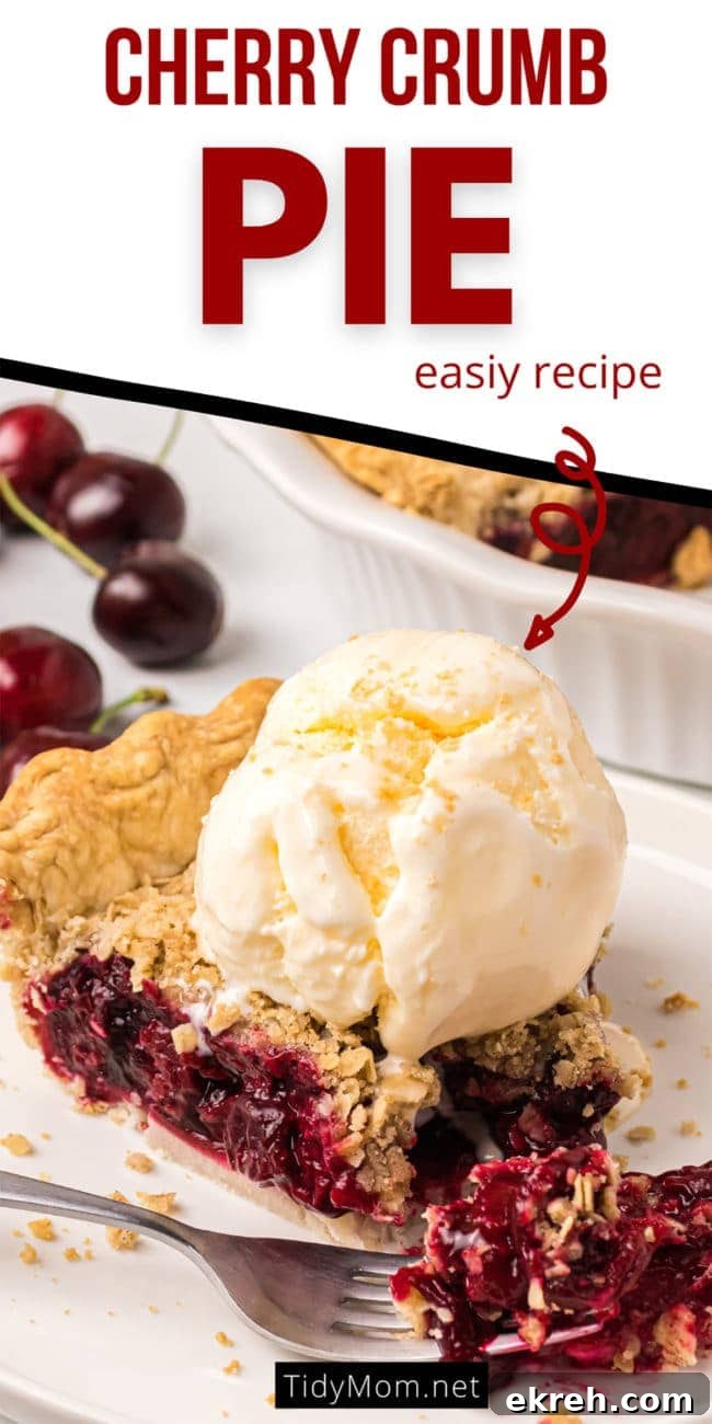 Cherry Crumb Pie with Frozen Tart Cherries 9 A scoop of ice cream on top of a slice of cherry crumb pie
