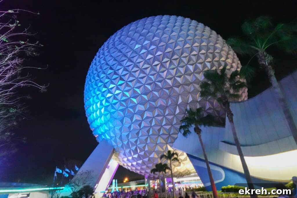 Spaceship Earth at night at Epcot.