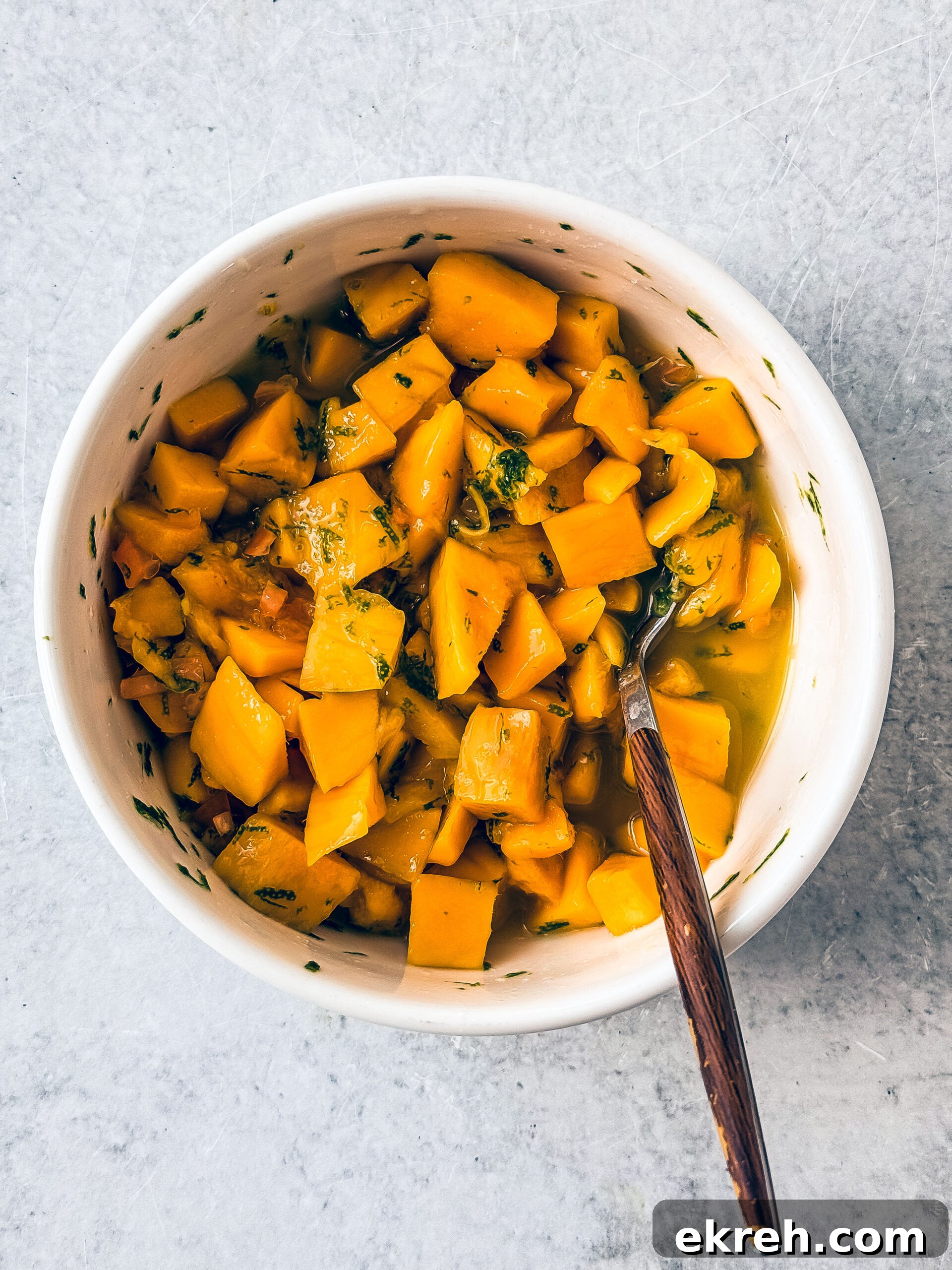 Bowl of mango salsa.