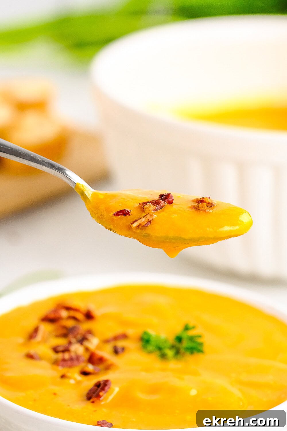 A spoonful of creamy carrot soup lifted from a white bowl.