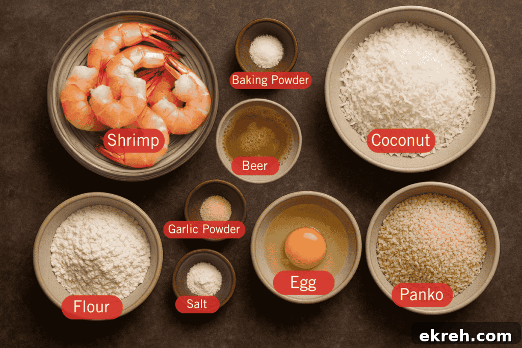 Flatlay image of labeled ingredients for Coconut Shrimp, each in individual ceramic bowls on a dark brown surface. Labels include: shrimp, flour, garlic powder, salt, baking powder, beer, egg, shredded coconut, and Panko breadcrumbs.