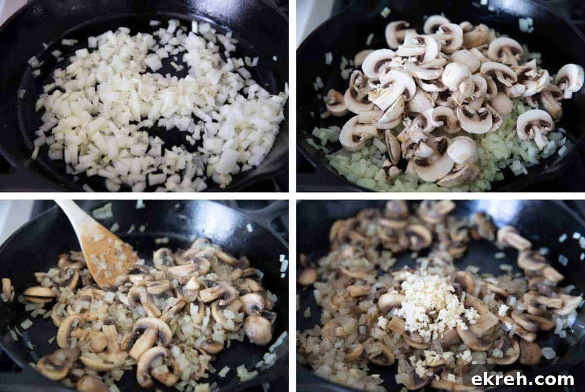 Cooking onions, mushrooms, and garlic for green bean casserole.