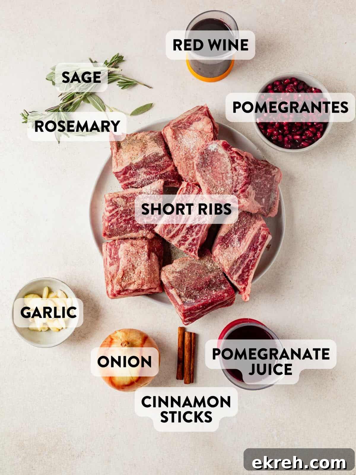 ingredients for pomegranate short ribs on a countertop.