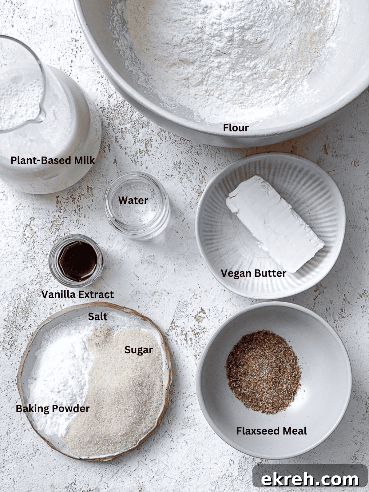 ingredients for Easy Vegan Pancakes [Regular or Mini] on a white surface