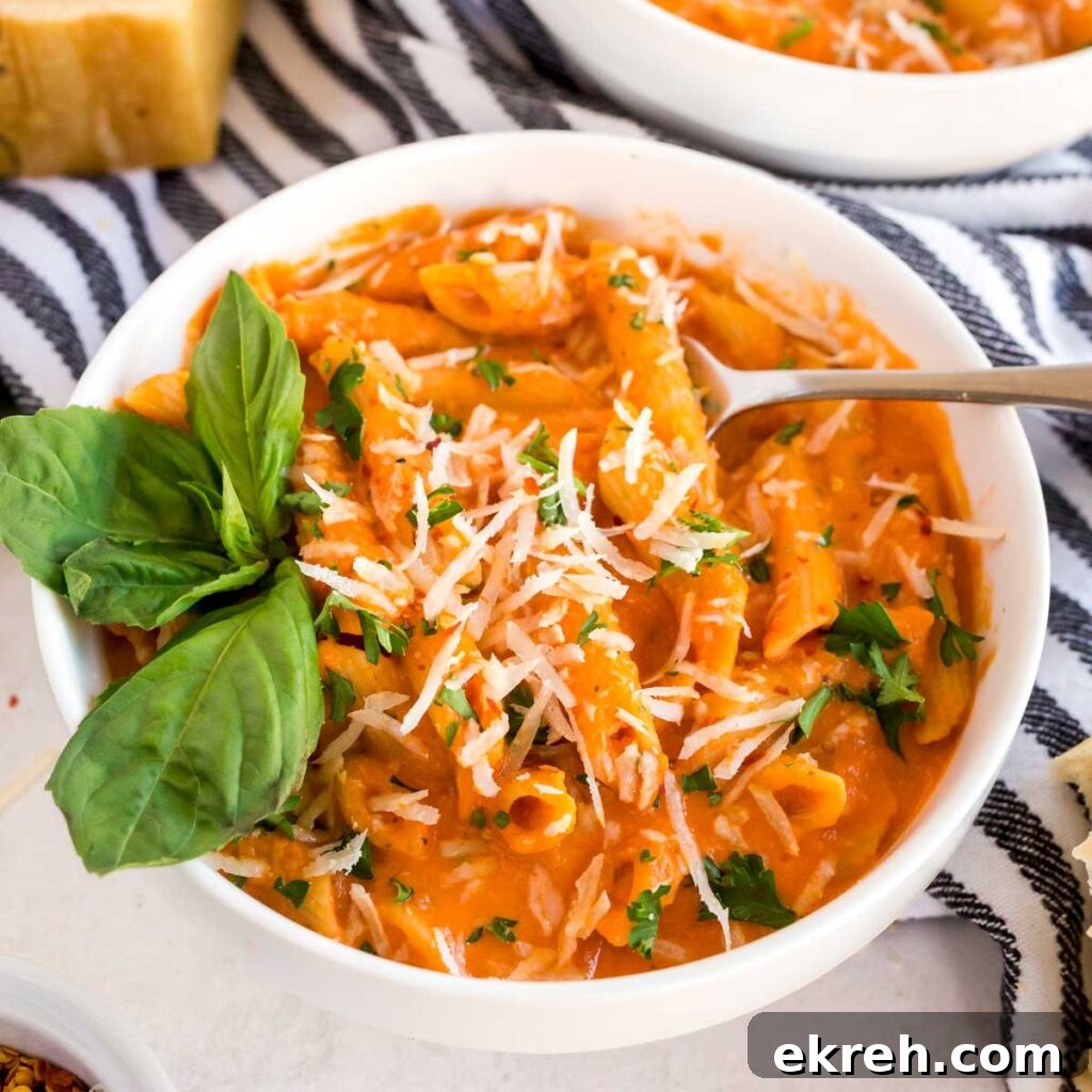 A bowl of penne pasta with vodka sauce