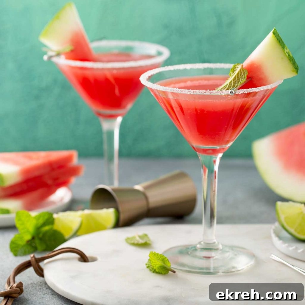 Martini glasses filled with watermelon marteni and garnished with watermelon wedges
