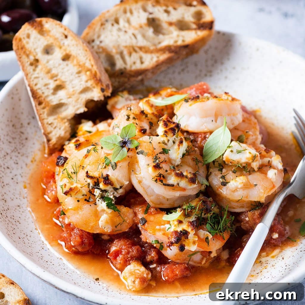 greek shrimp saganaki on a white bowl with two slices of toasted bread