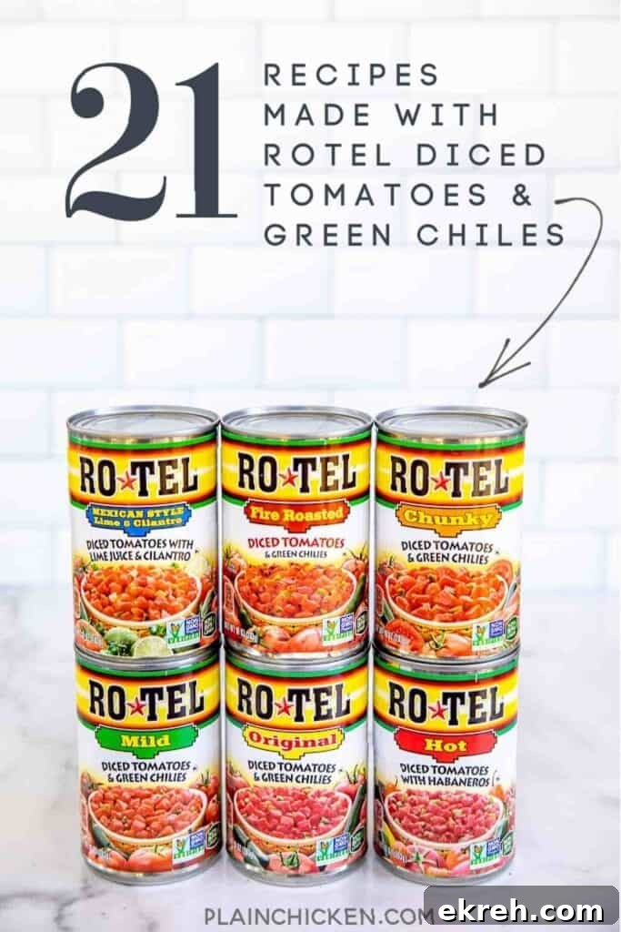 stack of 6 cans of rotel diced tomatoes and green chiles on a table with text overlay