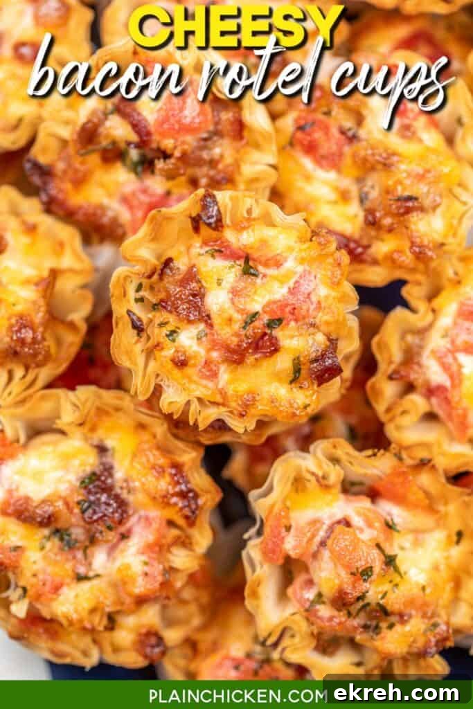 plate of bacon and rotel phyllo cups with text overlay