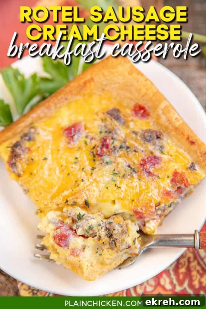 slice of breakfast casserole on plate with text overlay