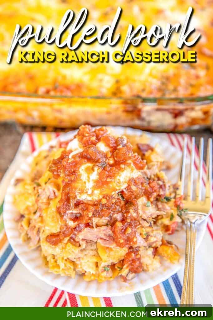 plate of pulled pork casserole topped with salsa