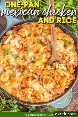 scooping mexican chicken casserole from skillet with text overlay