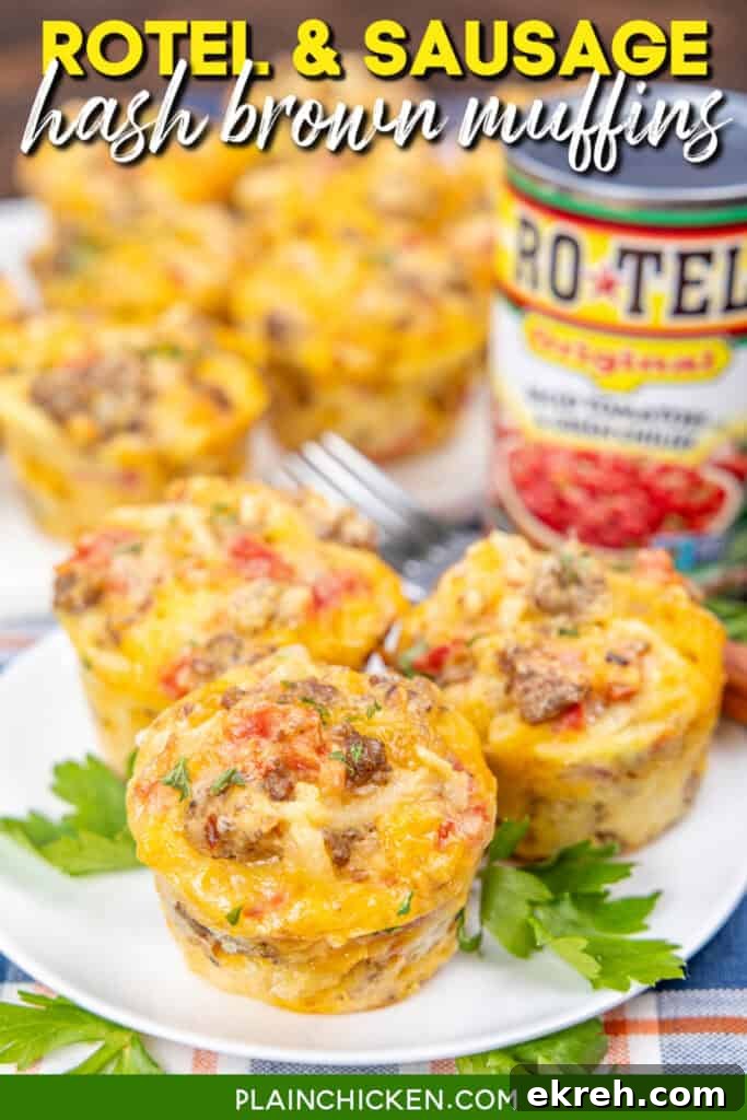 rotel sausage hash brown breakfast muffins on a plate with text overlay