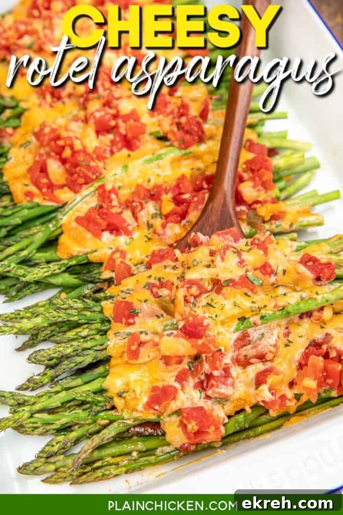 cheese and rotel topped asparagus in a baking dish with text overlay