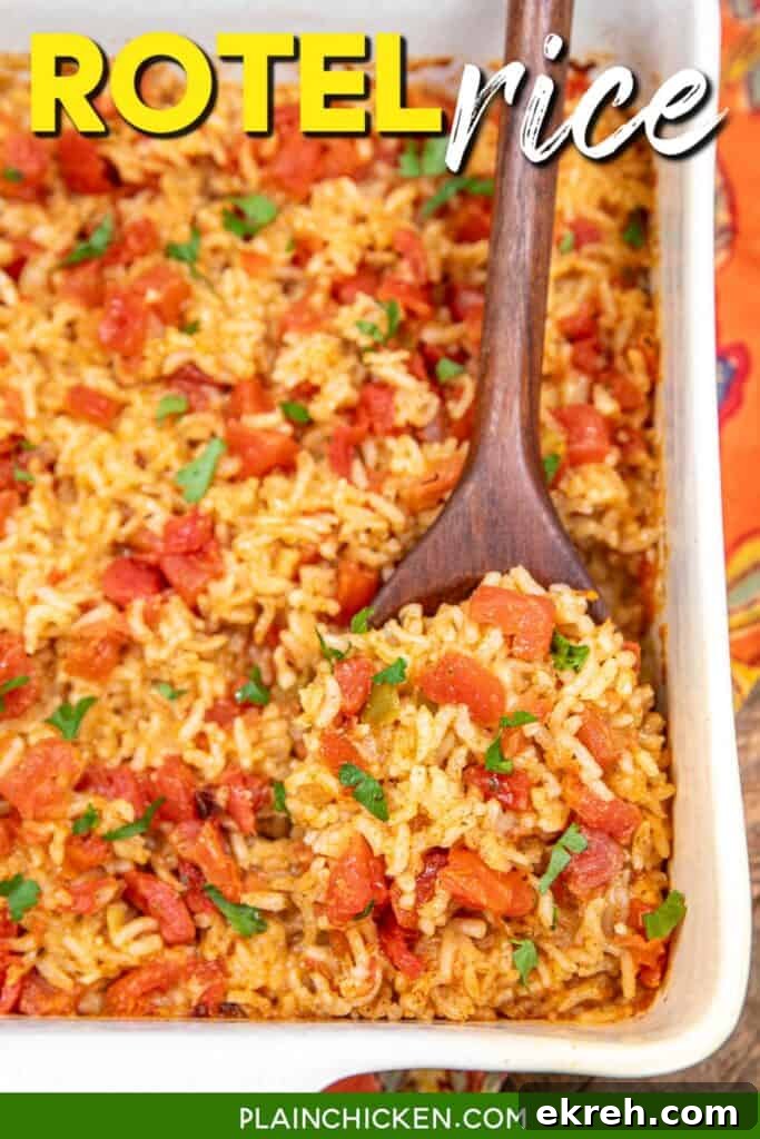 scooping mexican rice from a baking dish with text overlay