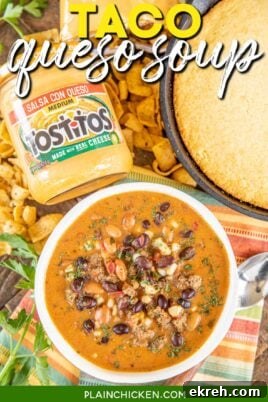 bowl of taco soup with cornbread and queso dip