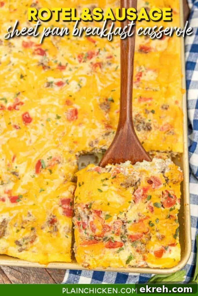 serving breakfast casserole from a sheet pan with text overlay