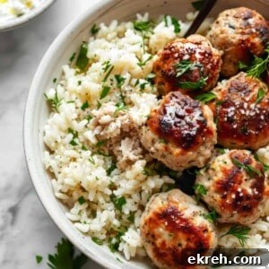 Classic Greek Chicken Meatballs with Tzatziki 7 Greek chicken meatballs with feta and rice.