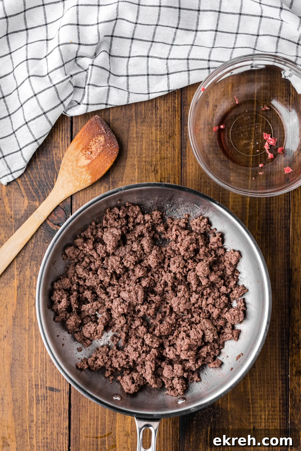 ground beef in a skillet.