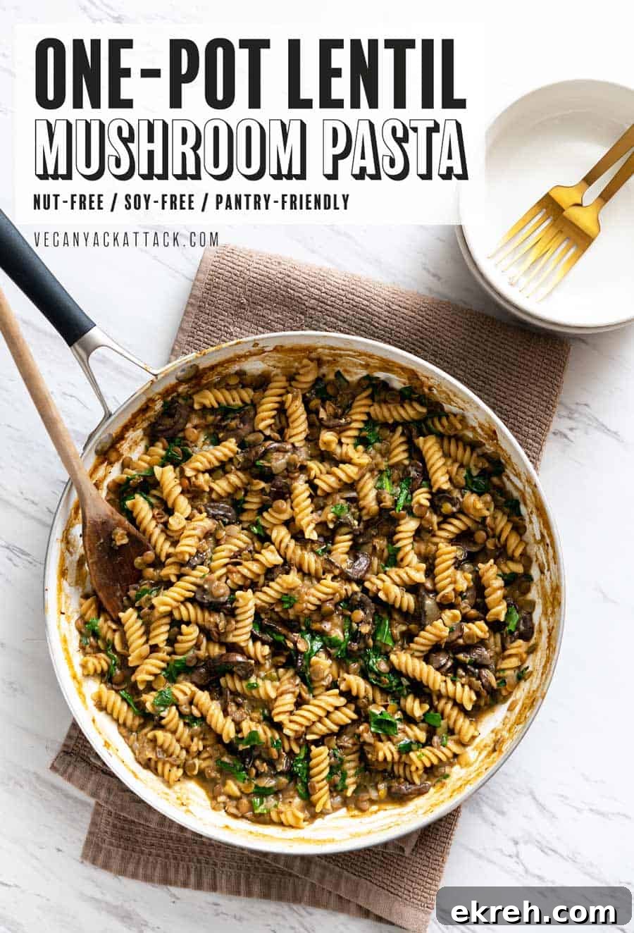 Image of one-pot lentil mushroom pasta in a large pan sitting on a towel