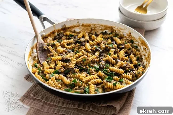 Image of one-pot lentil mushroom pasta in a large pan sitting on a towel