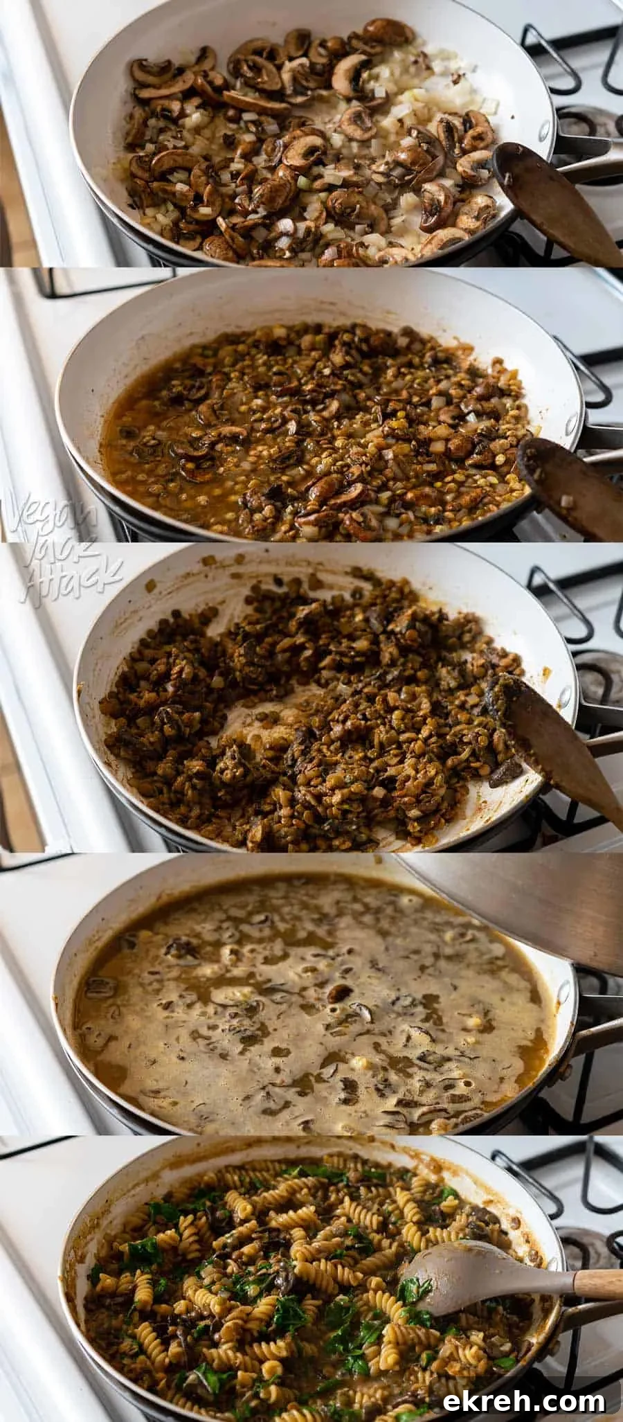 Image collage of steps in cooking vegan pasta dish