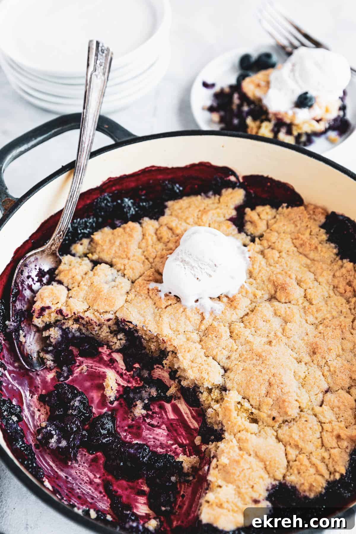 Blueberry Rhubarb Cobbler in a baking dish