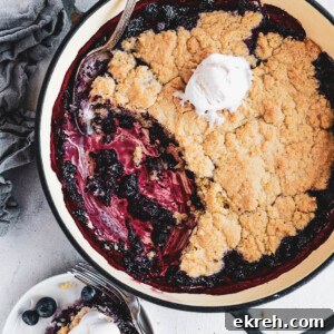 Blueberry Rhubarb Cobbler in a baking dish