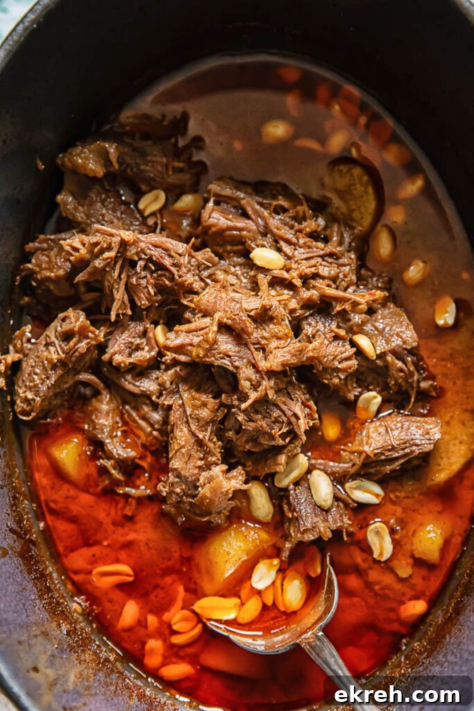 Slow-Braised Beef Short Ribs in Massaman Curry 4 Top down shot of massaman curry in a slow cooker with short rib, potatoes and peanuts in gravy